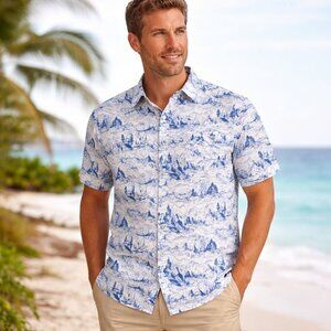 Solaris Mens Toile Shirt Size XL Blue White Short Sleeve Vacation Resort Casual